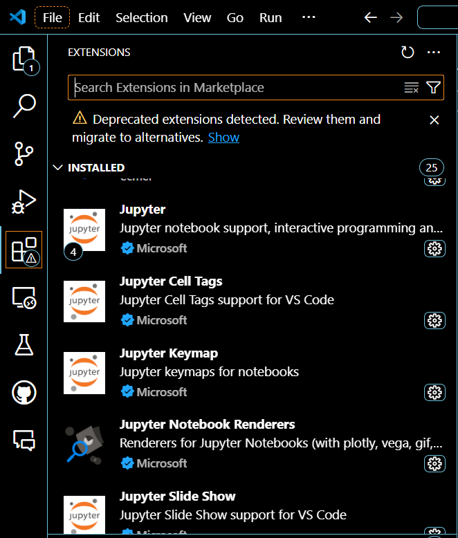 Installeer de extensie Jupyter, MyST-Markdown, Python & Code Spell checker.